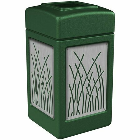 COMMERCIAL ZONE CZ 734160 42 Gallon Green Square Trash Receptacle with Stainless Steel Reed Panels 278734160